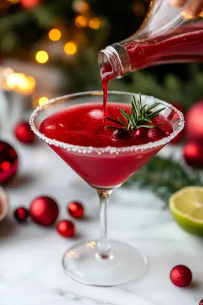 The completed Mistletoe Martini on the white marble countertop, garnished with sugared rosemary and fresh cranberries, ready to enjoy as a festive treat.