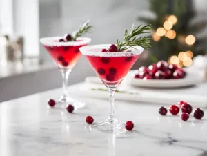 The completed Mistletoe Martini on the white marble countertop, garnished with sugared rosemary and fresh cranberries, ready to enjoy as a festive treat.