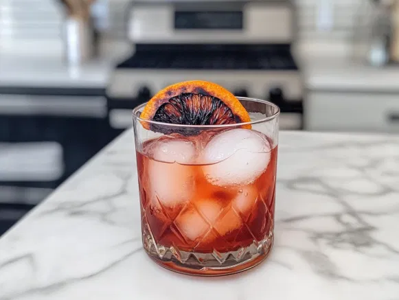 A finished Winter Spiced Negroni on a white marble cooktop, garnished with a second charred orange wedge, ready to be served and enjoyed, capturing the festive and aromatic spirit of the drink.