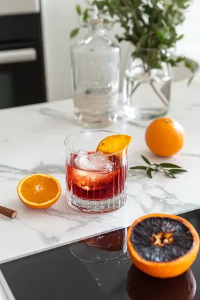 A finished Winter Spiced Negroni on a white marble cooktop, garnished with a second charred orange wedge, ready to be served and enjoyed, capturing the festive and aromatic spirit of the drink