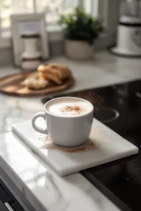 A pinch of cinnamon is being sprinkled over the frothy top in the mug, creating a warm and aromatic garnish.