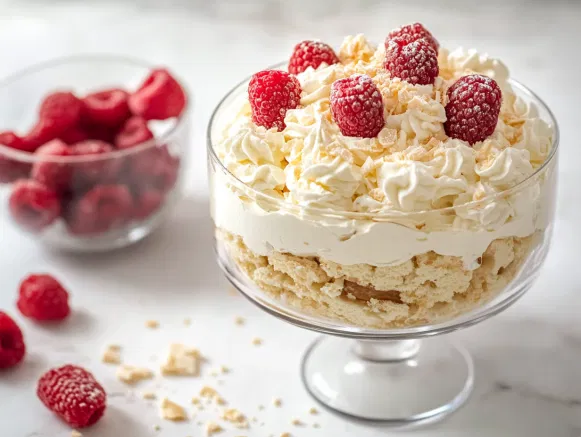 The trifle dish rests on the white marble cooktop, its whipped cream layer topped with a sprinkle of finely grated dairy-free blonde or white chocolate. This final touch completes the elegant, vegan trifle, ready for serving.