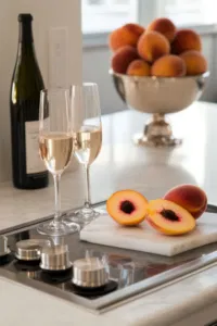 The Champagne flute on the white marble countertop now adorned with a fresh peach slice on the rim, adding an elegant touch.