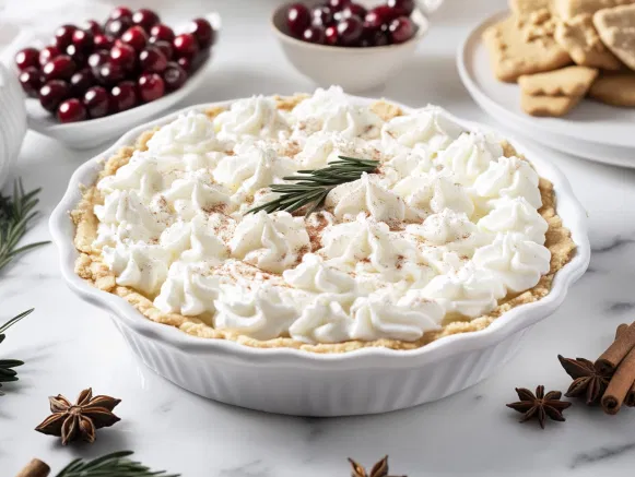 The chilled pie on the white marble cooktop, topped with reserved whipped cream. Garnishes such as a sprinkle of ground cinnamon, gingerbread cookies, sugared cranberries, fresh rosemary, and star anise add a festive, decorative touch.