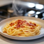 Cowboy Pasta is served hot on a plate over the white marble cooktop, garnished with extra bacon pieces for a perfect finishing touch.