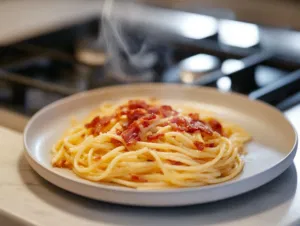 Cowboy Pasta is served hot on a plate over the white marble cooktop, garnished with extra bacon pieces for a perfect finishing touch.