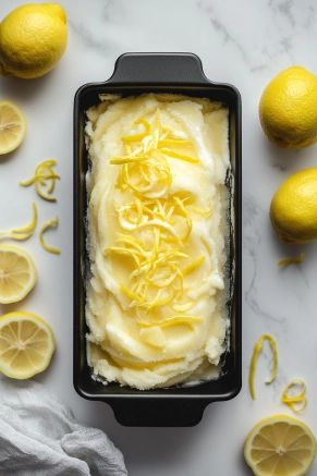 A frozen lemon sorbet in a black metal loaf pan on a white marble cooktop, garnished with thin strips of vibrant yellow lemon zest for a decorative touch.