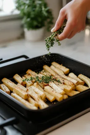 Freshly chopped thyme is being sprinkled over the roasted parsnips in a black roasting tin on the white marble cooktop, adding a vibrant green garnish to the dish.