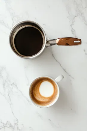 A saucepan and a coffee mug are positioned on the white marble cooktop, with a container of milk and a freshly brewed dark roast espresso nearby, ready for making a comforting café latte.