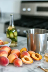 Peach nectar, sparkling cider, and a fresh peach slice neatly arranged on a white marble countertop, ready to create a Baby Bellini.