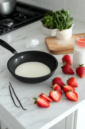 Fresh strawberries, milk, cream, sugar, vanilla, salt, and optional food coloring neatly arranged on the white marble countertop, ready for preparation.