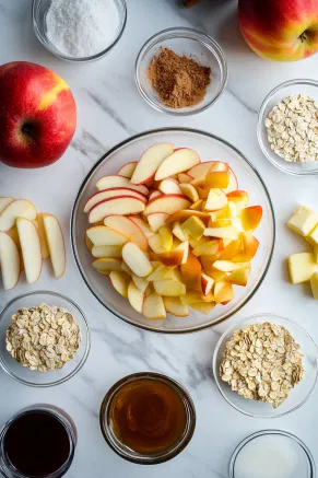 All the ingredients for Apple Crisp are arranged neatly on the white marble cooktop, including sliced apples, sugar, oats, cinnamon, and melted butter.