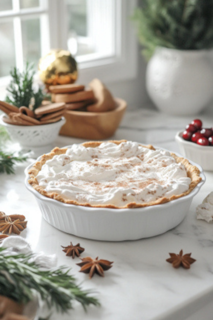 The chilled pie on the white marble cooktop, topped with reserved whipped cream. Garnishes such as a sprinkle of ground cinnamon, gingerbread cookies, sugared cranberries, fresh rosemary, and star anise add a festive, decorative touch.