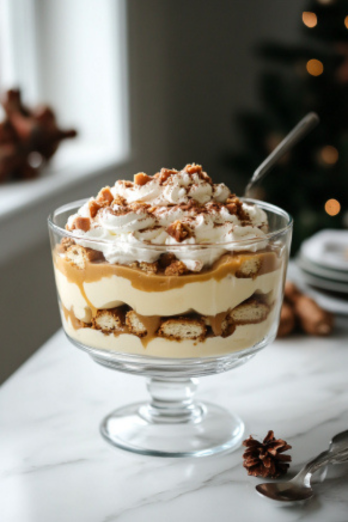 The assembled trifle is placed in the fridge on the white marble cooktop, chilling for at least an hour to allow flavors to meld. When served, each spoonful reveals the indulgent layers of gingerbread cake, custard, caramel, and whipped cream.