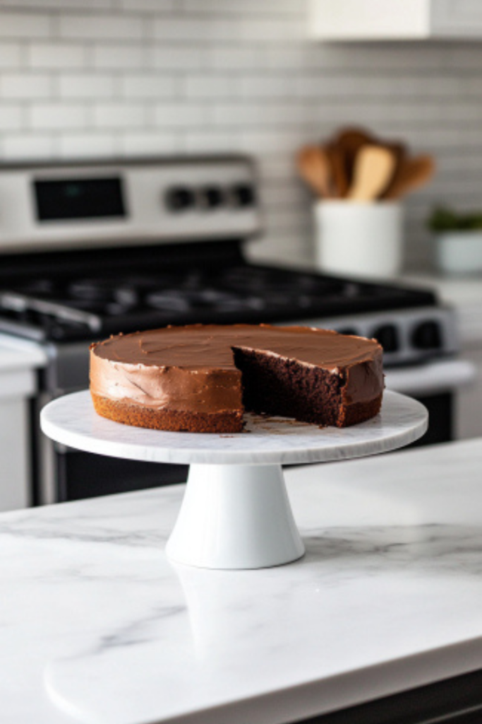 The completed gluten-free chocolate fudge cake on a cake stand on the white marble countertop, beautifully sliced and ready to be served.