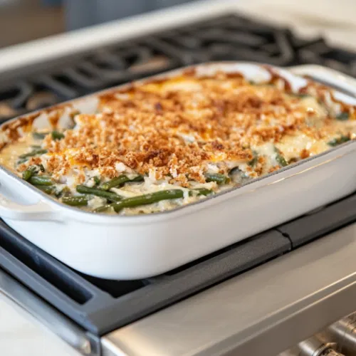 The casserole in the oven for an additional 5 minutes to crisp the topping. Once out, it is seasoned with salt and pepper on the white marble cooktop, ready to serve hot.