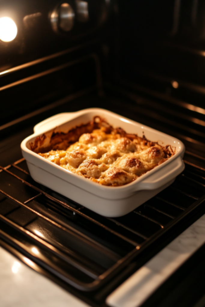 The casserole in the oven for an additional 5 minutes to crisp the topping. Once out, it is seasoned with salt and pepper on the white marble cooktop, ready to serve hot.