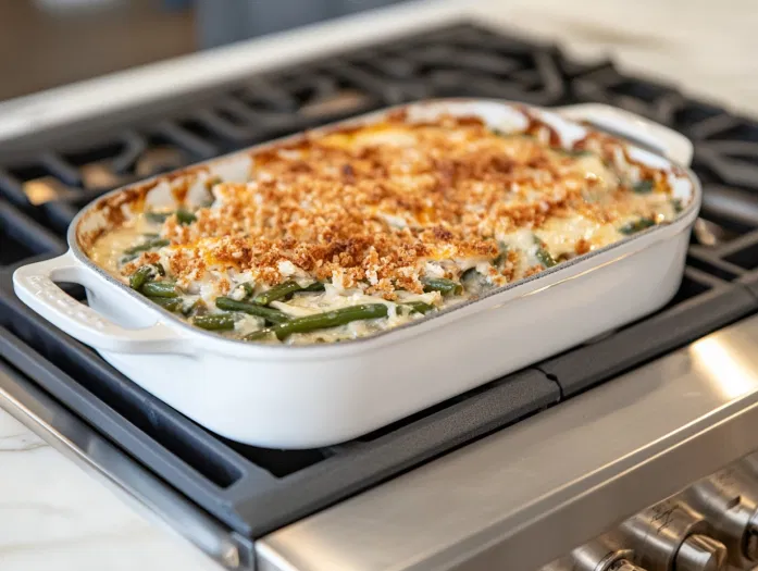 The casserole in the oven for an additional 5 minutes to crisp the topping. Once out, it is seasoned with salt and pepper on the white marble cooktop, ready to serve hot.