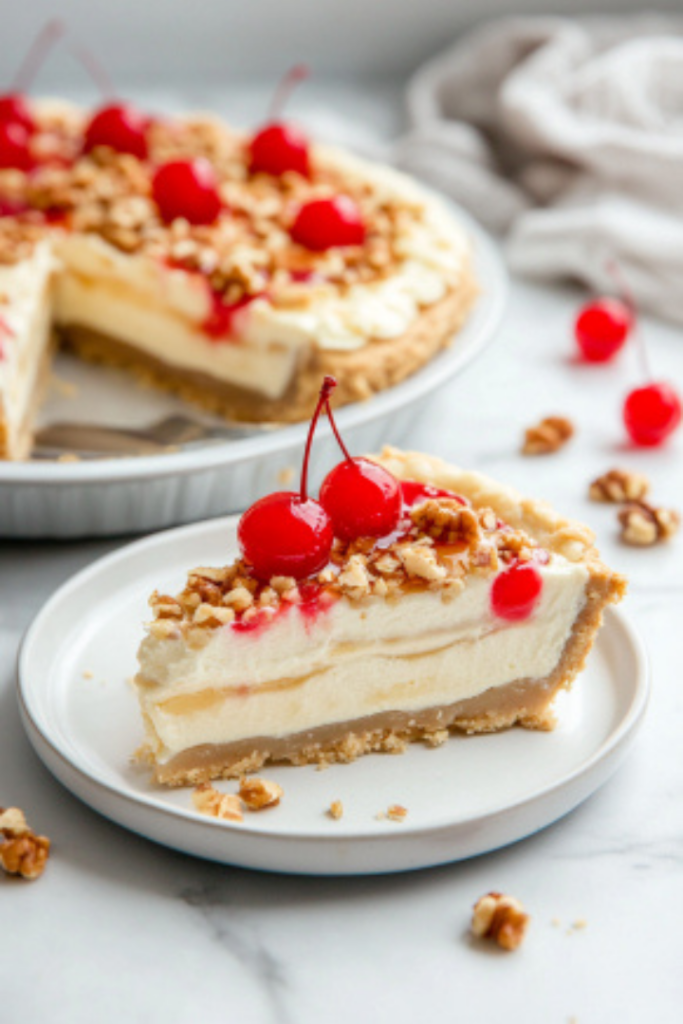 The Hawaiian Millionaire Pie rests on the white marble cooktop, sliced and ready to serve. A piece is displayed on a dessert plate, showcasing vibrant layers, garnished with a maraschino cherry and chopped walnuts.