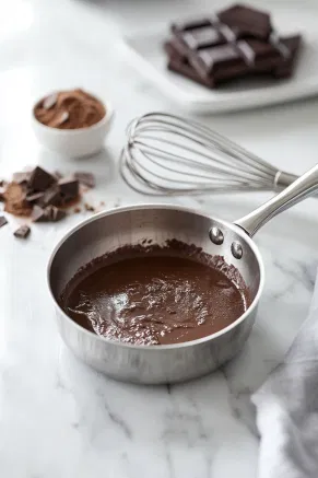 A small saucepan on a white marble cooktop with cocoa and milk being whisked into a smooth paste, steam gently rising as it simmers.