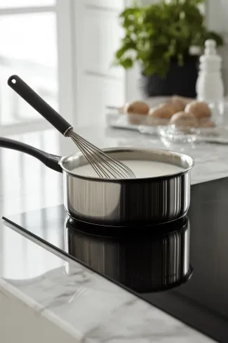 A saucepan sits on the white marble cooktop with milk being heated over medium-low heat. A wire whisk is briskly whisking the milk to create frothy foam.