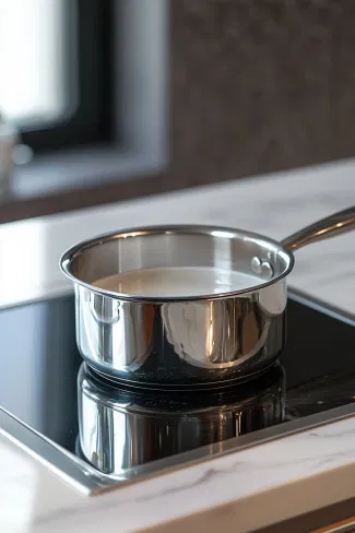 Heavy cream bubbling gently in a small saucepan on the white marble countertop, just before reaching a boil.