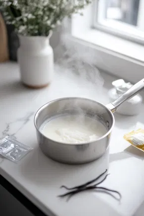 A saucepan on a white marble cooktop, containing milk and sugar being stirred, with light steam rising and a packet of powdered vanilla extract placed nearby.