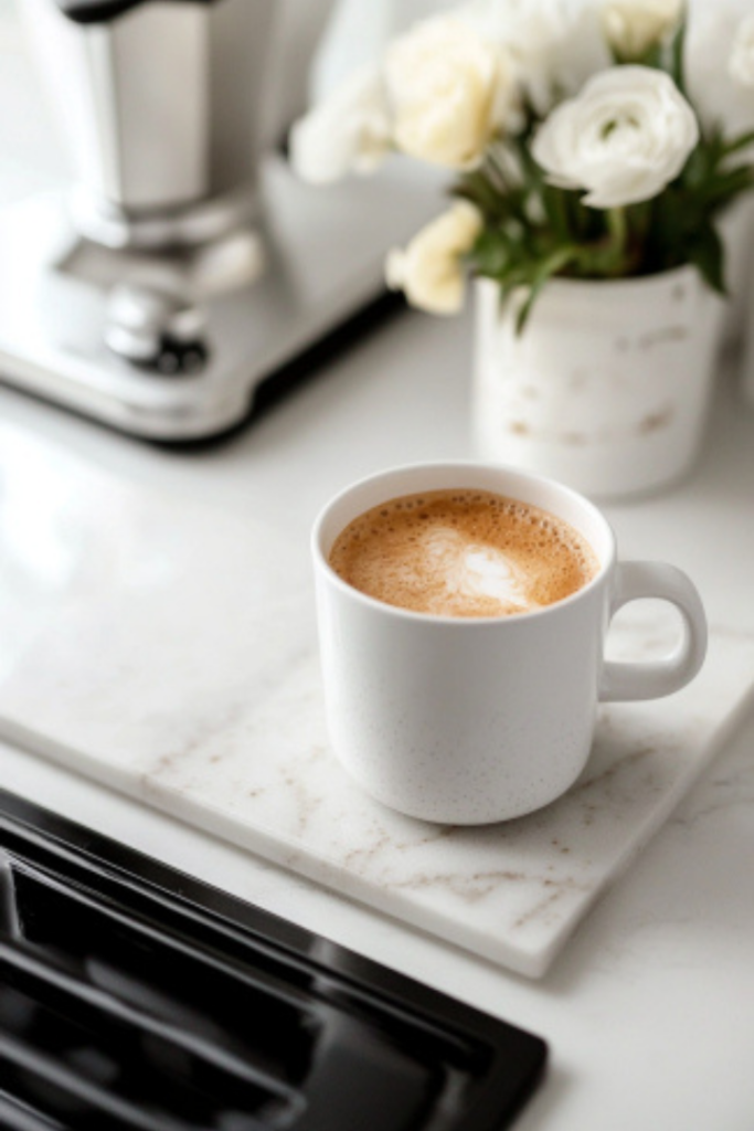 The finished almond milk espresso drink sits elegantly in a mug on the white marble cooktop, its creamy froth and cinnamon garnish invitingly displayed, ready to be served and enjoyed immediately.