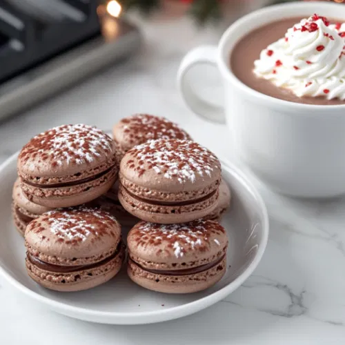 The completed marshmallow-covered macarons being assembled by pressing two cookies together with marshmallow buttercream filling, ready to enjoy!