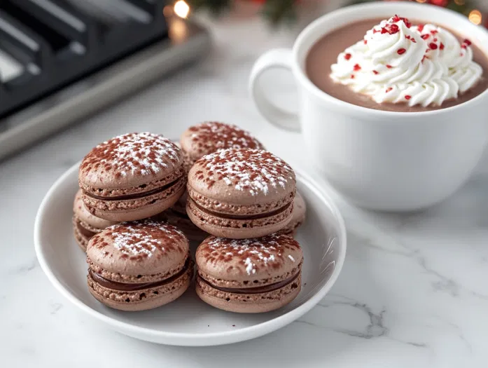 The completed marshmallow-covered macarons being assembled by pressing two cookies together with marshmallow buttercream filling, ready to enjoy!