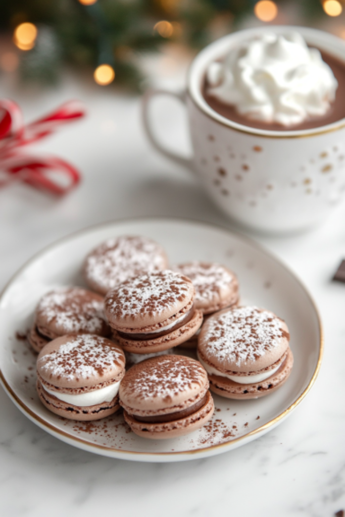 The completed marshmallow-covered macarons being assembled by pressing two cookies together with marshmallow buttercream filling, ready to enjoy!