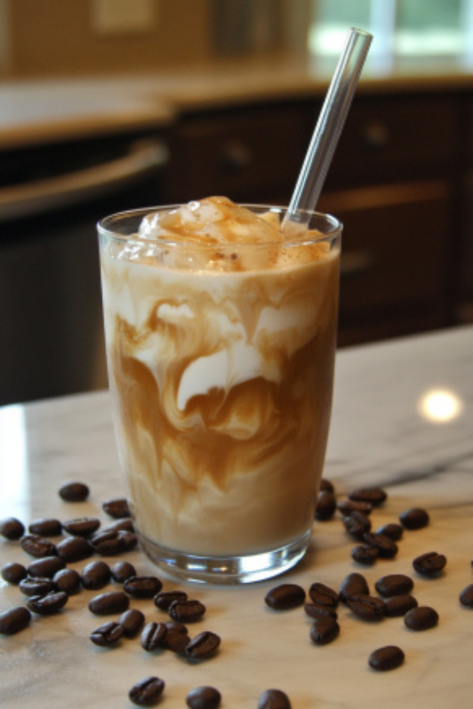 A completed iced coffee in a glass featuring beautifully swirled milk layers, garnished with a straw and surrounded by scattered coffee beans on a white marble cooktop.