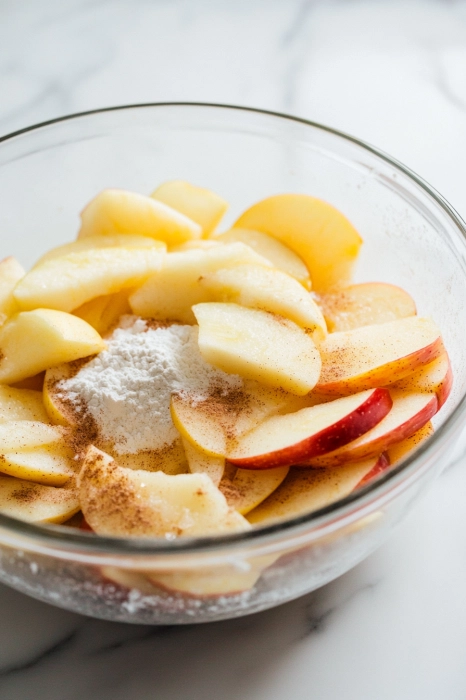 In another bowl, toss the apple slices with granulated sugar,