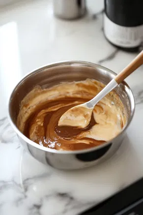 The softened gelatin sheets are squeezed to remove excess water and stirred into the hot cream mixture on the white marble cooktop. Two-thirds of the brewed espresso is added, blending smoothly.