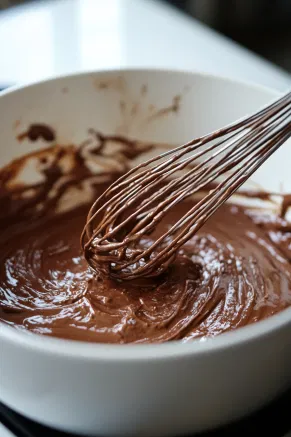 Hot coffee being whisked into the cake batter on the white marble countertop, creating a smooth and slightly thin consistency.