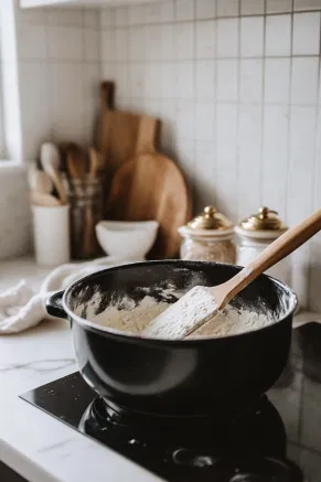 Flour is being added to the creamed mixture in a black stand mixer bowl on the white marble cooktop while the mixer runs on low speed. A spatula rests nearby for scraping the bowl.