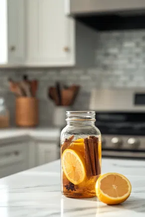 A sealed jar filled with gin and warm spices sitting on a white marble cooktop. The jar is labeled for a 5-day infusion, with the instruction to shake it daily to enhance the spiced flavors.