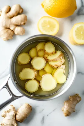 The saucepan on the white marble cooktop is covered, simmering on low heat for 5-10 minutes to infuse the syrup with rich ginger flavors.