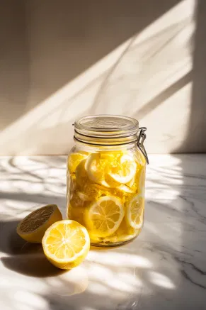 A large glass jar filled with bright lemon zest and clear Everclear, sealed with a lid and positioned on a white marble cooktop, softly illuminated by sunlight.