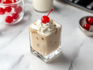 The completed drink on the white marble cooktop, topped with a swirl of whipped cream and garnished with a bright red cherry, ready to serve.