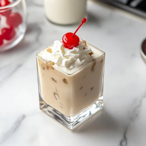 The completed drink on the white marble cooktop, topped with a swirl of whipped cream and garnished with a bright red cherry, ready to serve.