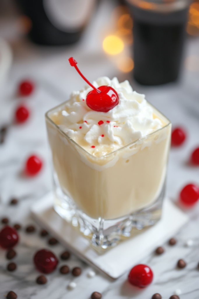 The completed drink on the white marble cooktop, topped with a swirl of whipped cream and garnished with a bright red cherry, ready to serve.