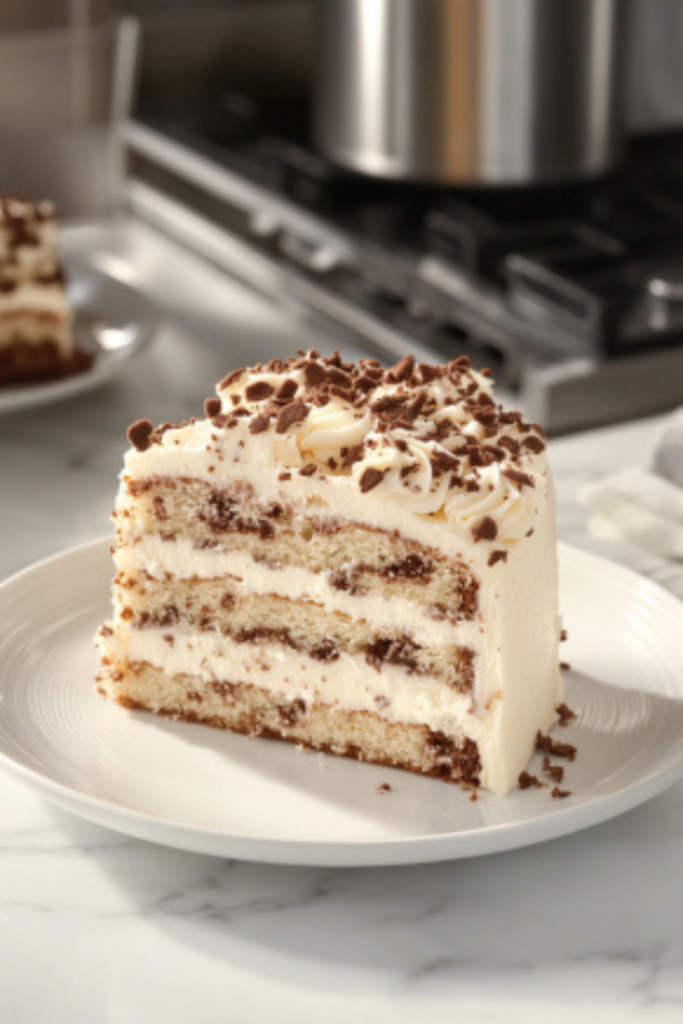 A slice of the beautifully frosted Italian Cream Cake is served on a dessert plate, set on the white marble cooktop, ready to enjoy.