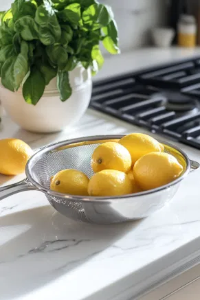 Fresh lemons being juiced on the white marble countertop, with a strainer catching seeds and pulp to produce vibrant lemon juice.