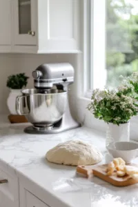 The stand mixer on the white marble cooktop is kneading the dough on medium speed. The dough appears soft and slightly tacky, nearly ready for elasticity testing with a gentle press.