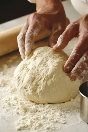 Hands kneading soft, elastic dough on a lightly floured white marble surface, with a rolling pin and measuring cup nearby.