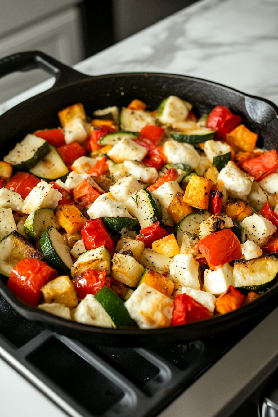 A cast iron skillet on a white marble cooktop with half of the mozzarella cheese layered on the dough, followed by roasted veggies, pizza sauce, the remaining mozzarella, and a sprinkle of Italian seasonings.