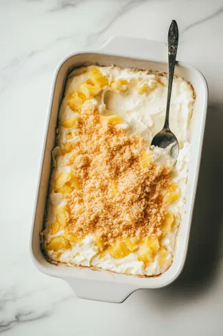 A 9x9-inch baking pan on a white marble surface being filled with a layer of drained crushed pineapple, spread evenly with a spoon.