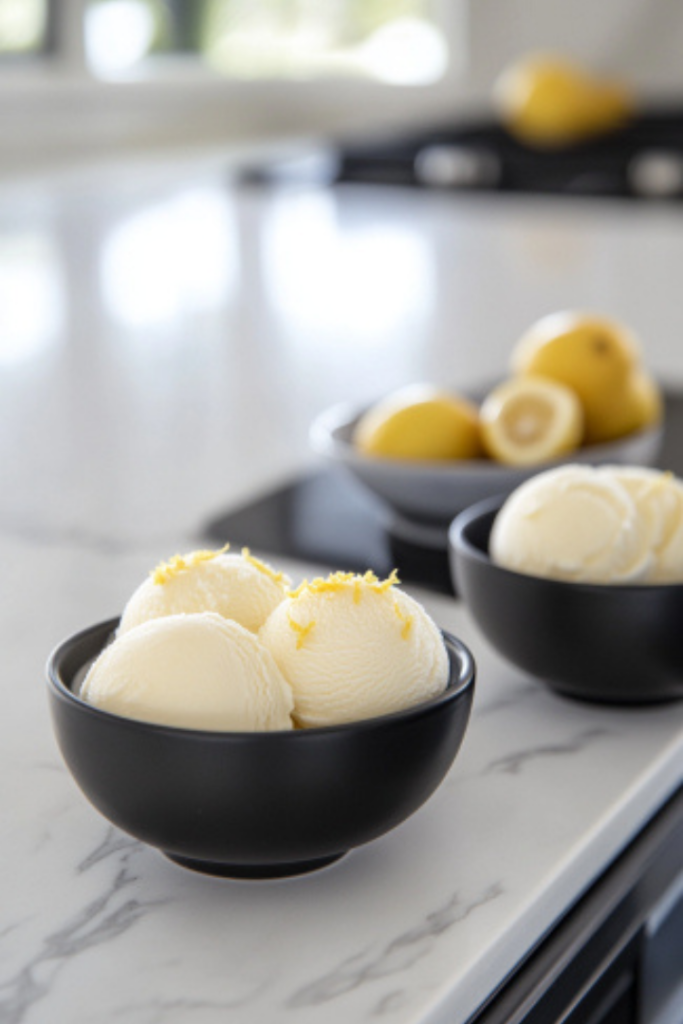 Scoops of lemon sorbet in black ceramic bowls on a white marble cooktop, garnished with fresh lemon zest for a colorful, refreshing presentation.