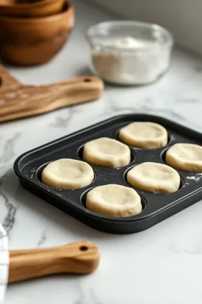 Dough circles being carefully placed into the sections of a mini tart pan on the white marble countertop, ready to be chilled before baking.